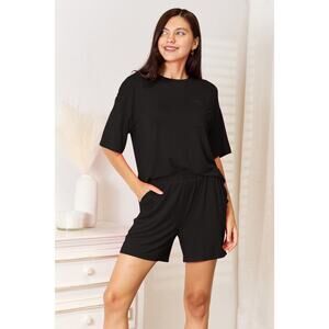 BASIC BAE Black Two Piece Soft Rayon Half Sleeve Top Shorts Set Casual NEW